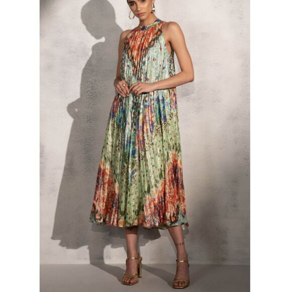 Ranna Gill Women's Orange Green Shimmer Sleeveless Zuri Midi Dress Size M - Picture 3 of 6